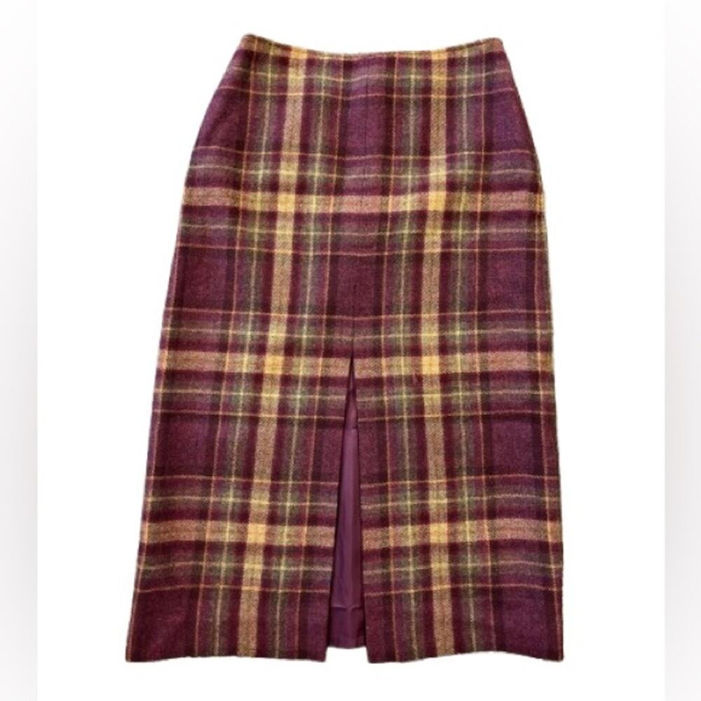 Vintage Plaid Wool Pencil Long Skirt Front Slit Burgundy Plum Jones New York 12P